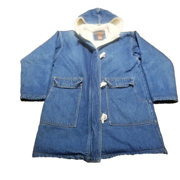 Sergio Valente Denim Jacket Women Size 6 Blue Hooded Sherpa Vtg Jean Barn Coat